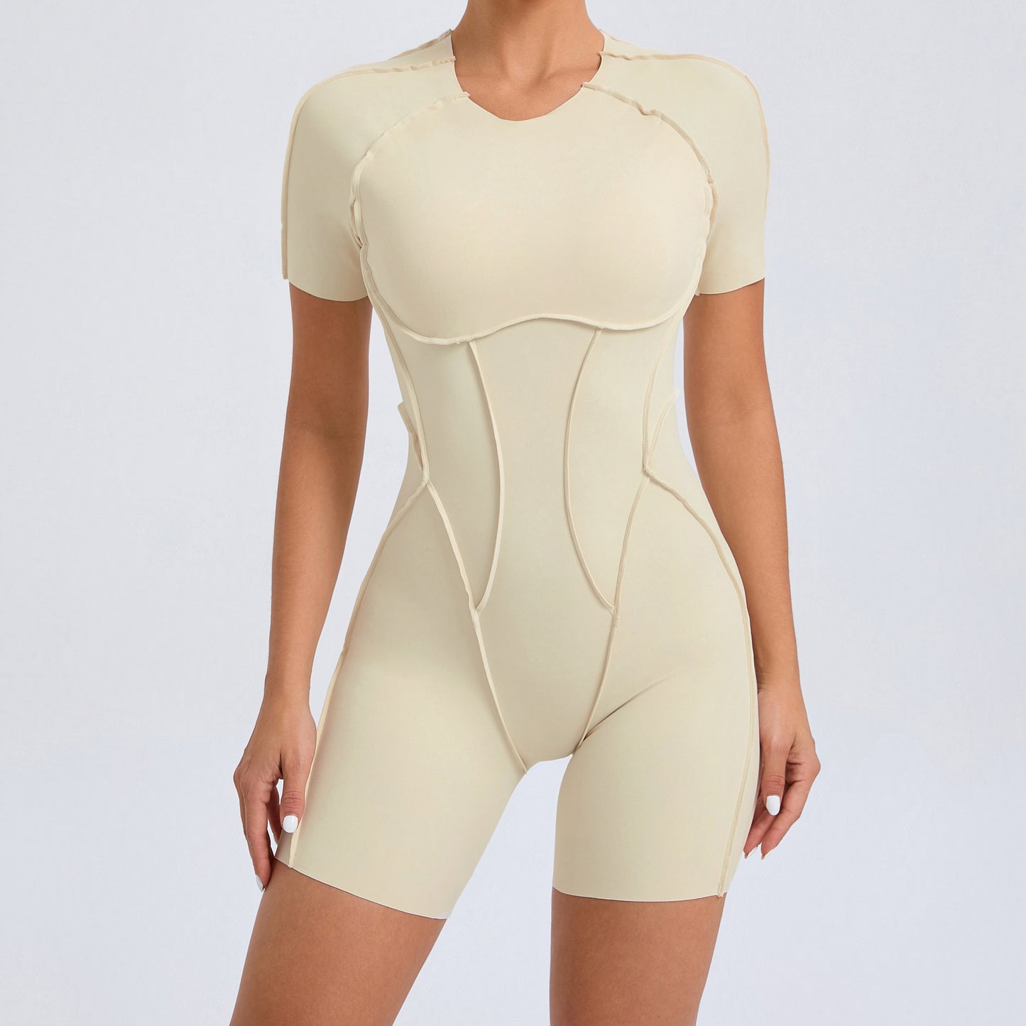European and American three-dimensional aesthetic sports one-piece yoga wear one-piece tight-fitting short-sleeved backless one-piece gym wear 50310