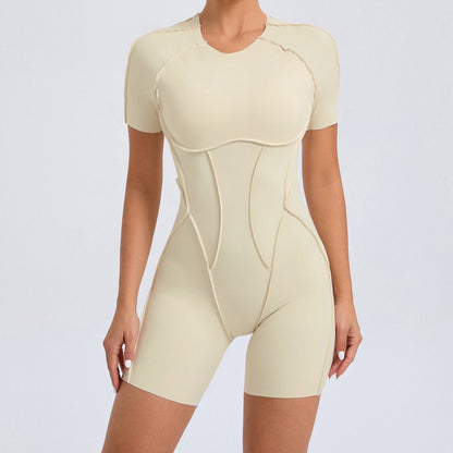 European and American three-dimensional aesthetic sports one-piece yoga wear one-piece tight-fitting short-sleeved backless one-piece gym wear 50310