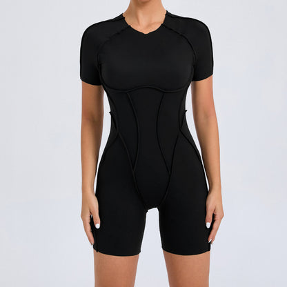 European and American three-dimensional aesthetic sports one-piece yoga wear one-piece tight-fitting short-sleeved backless one-piece gym wear 50310