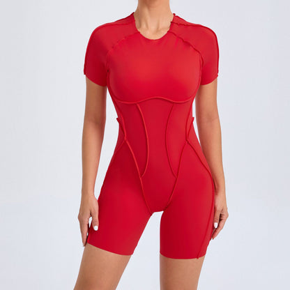 European and American three-dimensional aesthetic sports one-piece yoga wear one-piece tight-fitting short-sleeved backless one-piece gym wear 50310