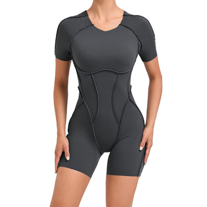 European and American three-dimensional aesthetic sports one-piece yoga wear one-piece tight-fitting short-sleeved backless one-piece gym wear 50310