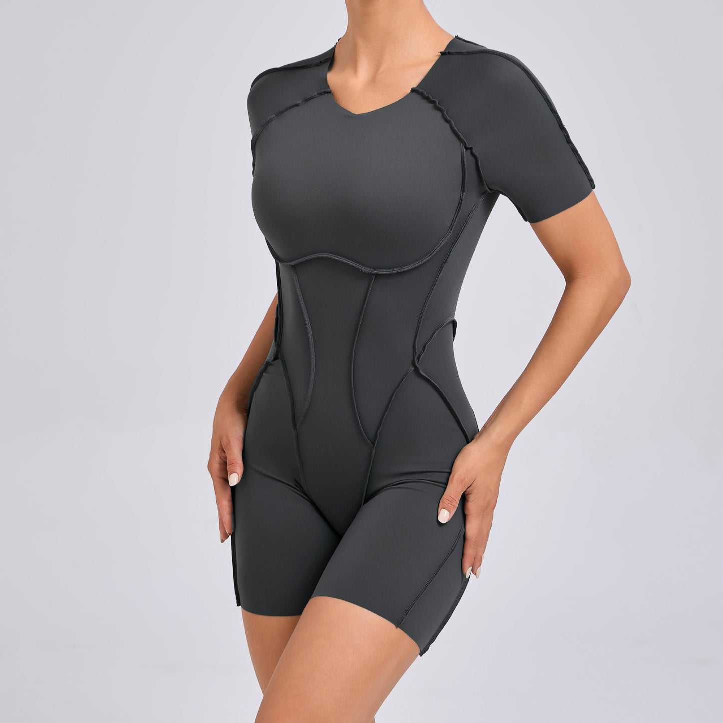 European and American three-dimensional aesthetic sports one-piece yoga wear one-piece tight-fitting short-sleeved backless one-piece gym wear 50310