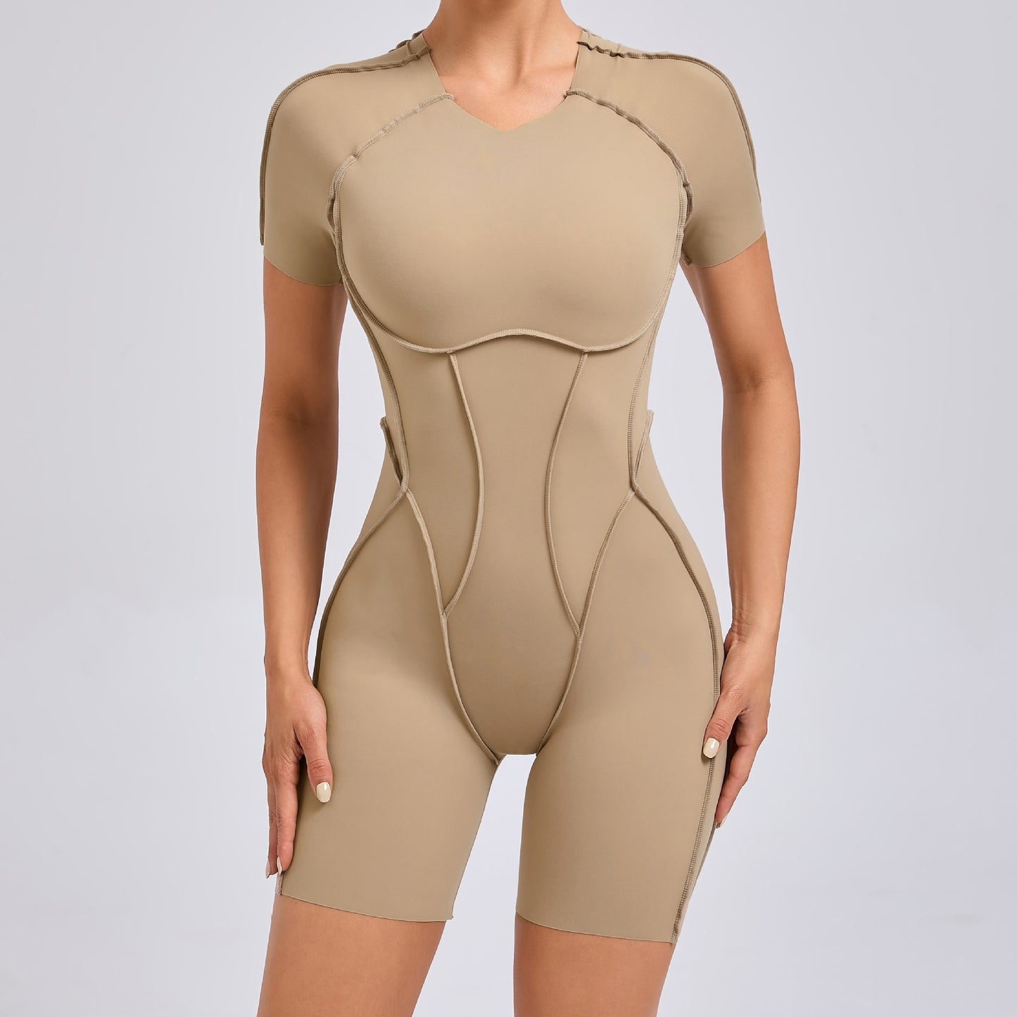 European and American three-dimensional aesthetic sports one-piece yoga wear one-piece tight-fitting short-sleeved backless one-piece gym wear 50310