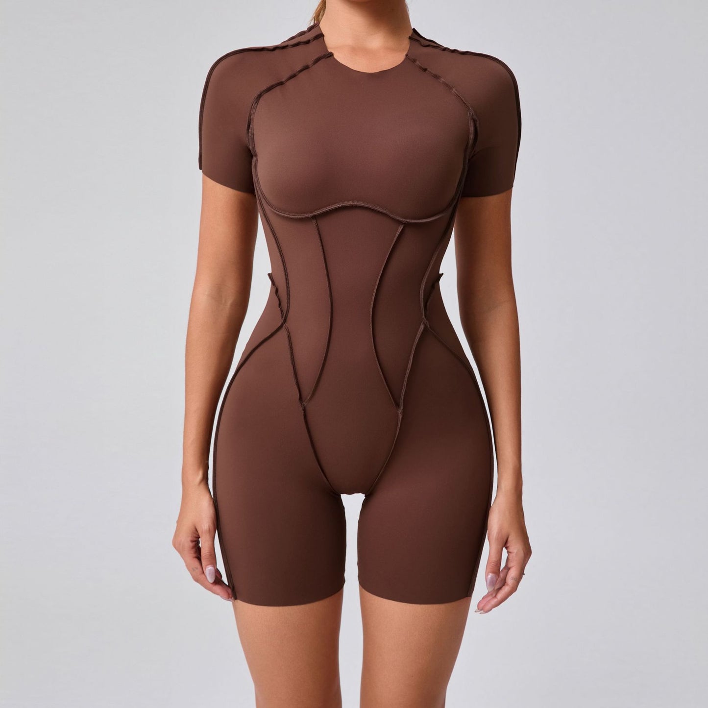 European and American three-dimensional aesthetic sports one-piece yoga wear one-piece tight-fitting short-sleeved backless one-piece gym wear 50310
