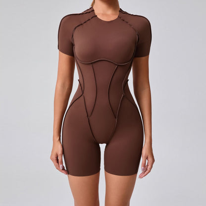 European and American three-dimensional aesthetic sports one-piece yoga wear one-piece tight-fitting short-sleeved backless one-piece gym wear 50310
