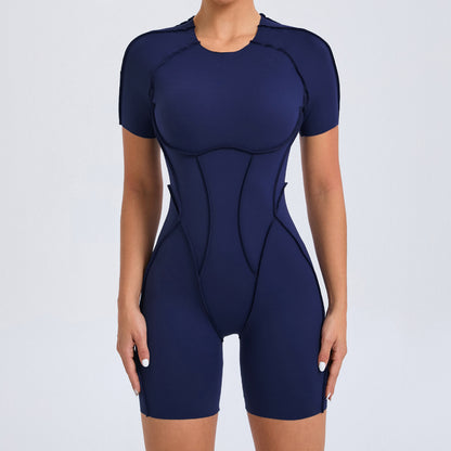 European and American three-dimensional aesthetic sports one-piece yoga wear one-piece tight-fitting short-sleeved backless one-piece gym wear 50310