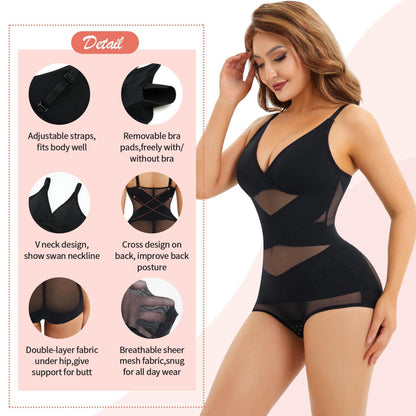 Popular hot selling body shapewear suspender V-neck cup mesh waist plastic breathable sports bodysuit