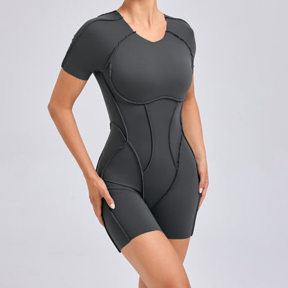 European and American three-dimensional aesthetic sports one-piece yoga wear one-piece tight-fitting short-sleeved backless one-piece gym wear 50310
